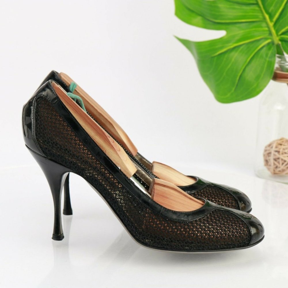 Dolce & Gabbana Women Dress Pump Size 9 Black Patent Leather Mesh Stiletto Heels - Picture 4 of 12
